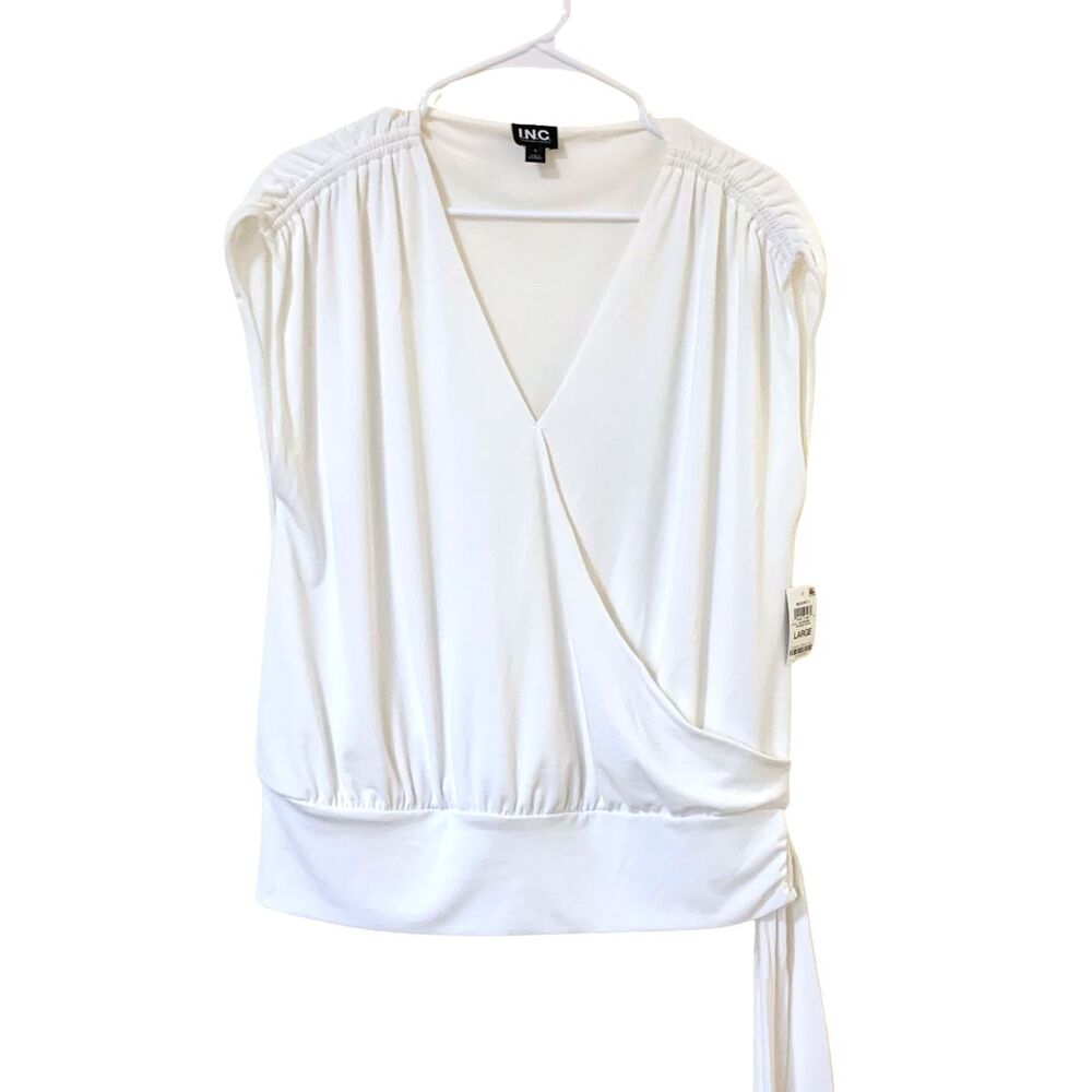 INC White Faux Wrap Top Women’s L NWT Surplice V-Neck Side Tie